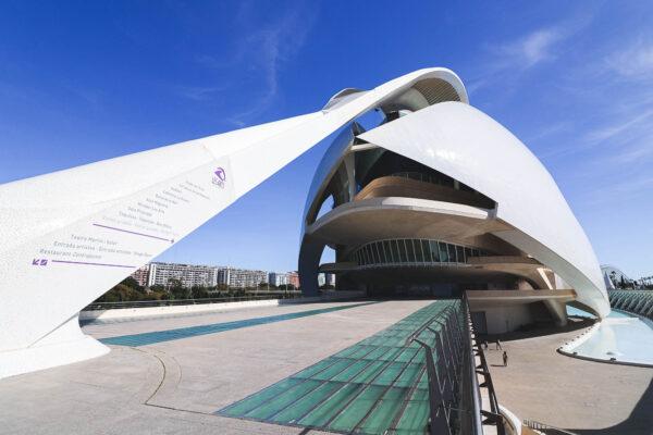 The main entrance to the Palau de les Arts Sofia Reina in the City of Arts and Sciences of Valencia