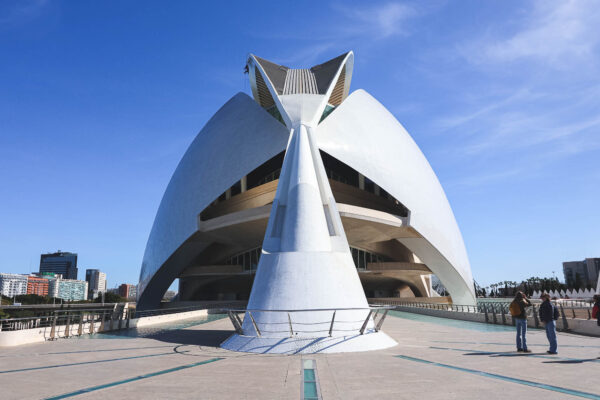 The front shot of Palau de les Arts Sofia Reina in the City of Arts and Sciences of Valencia