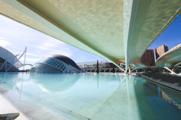 L'Hemisferic and Montolivet Bridge in teh CIty of Arts and Sciences, Valencia