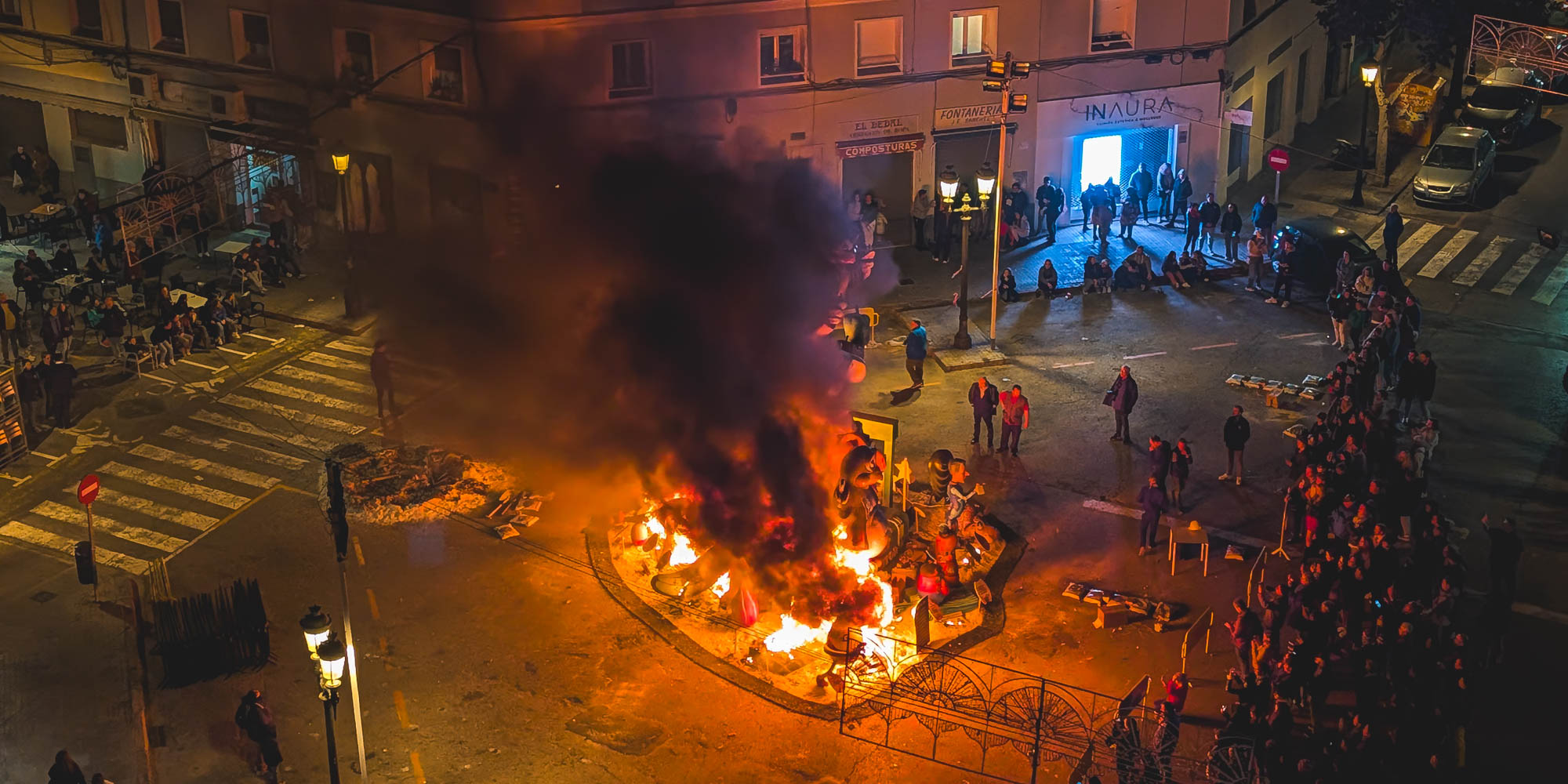 A burning falla in Extramurs, Valencia 2026