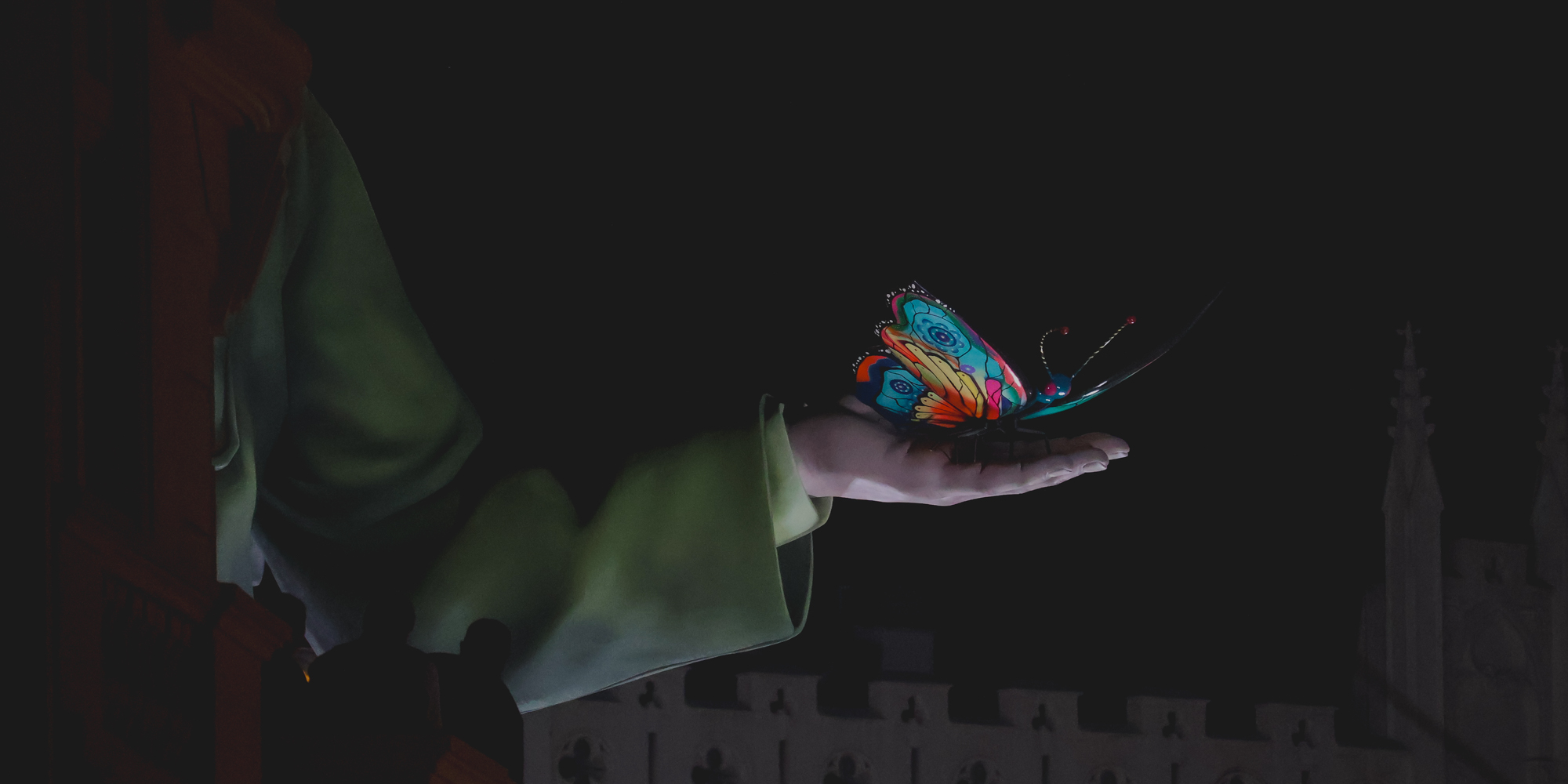 A butterfly of hope in a hand of municipal falla, Valencia 2026