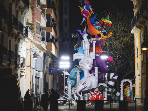 Falla Espartero during the night in La Roqueta, Valencia 2026
