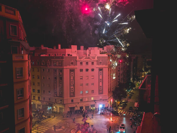 Fireworks before burning a falla, Valencia Fallas 2026