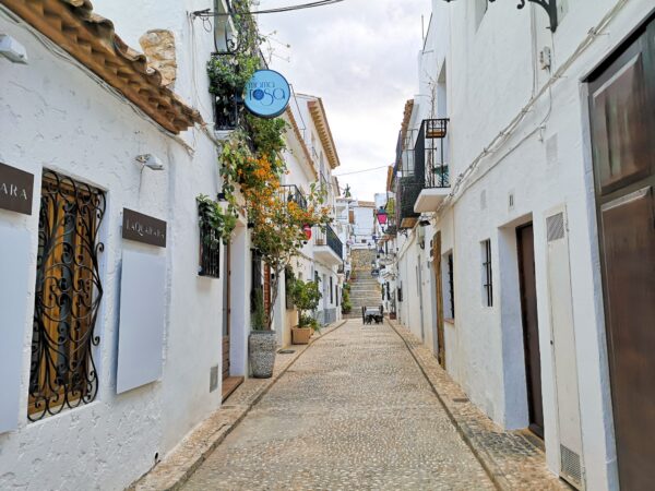 Cobbled lane with plants and steps in Altea Old Town (Casco Antiguo)