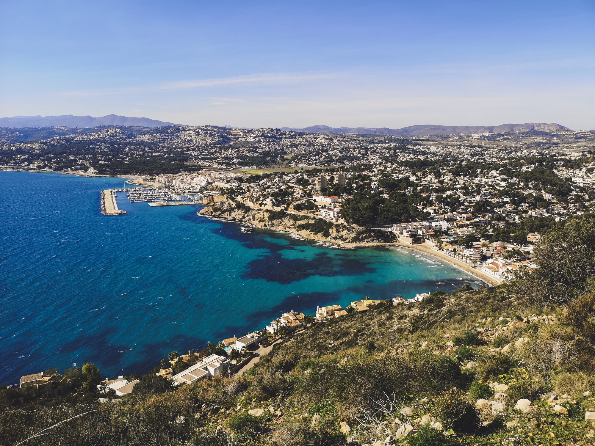 Moraira town, marina and bay seen from the Cap d'Or trail, Teulada-Moraira