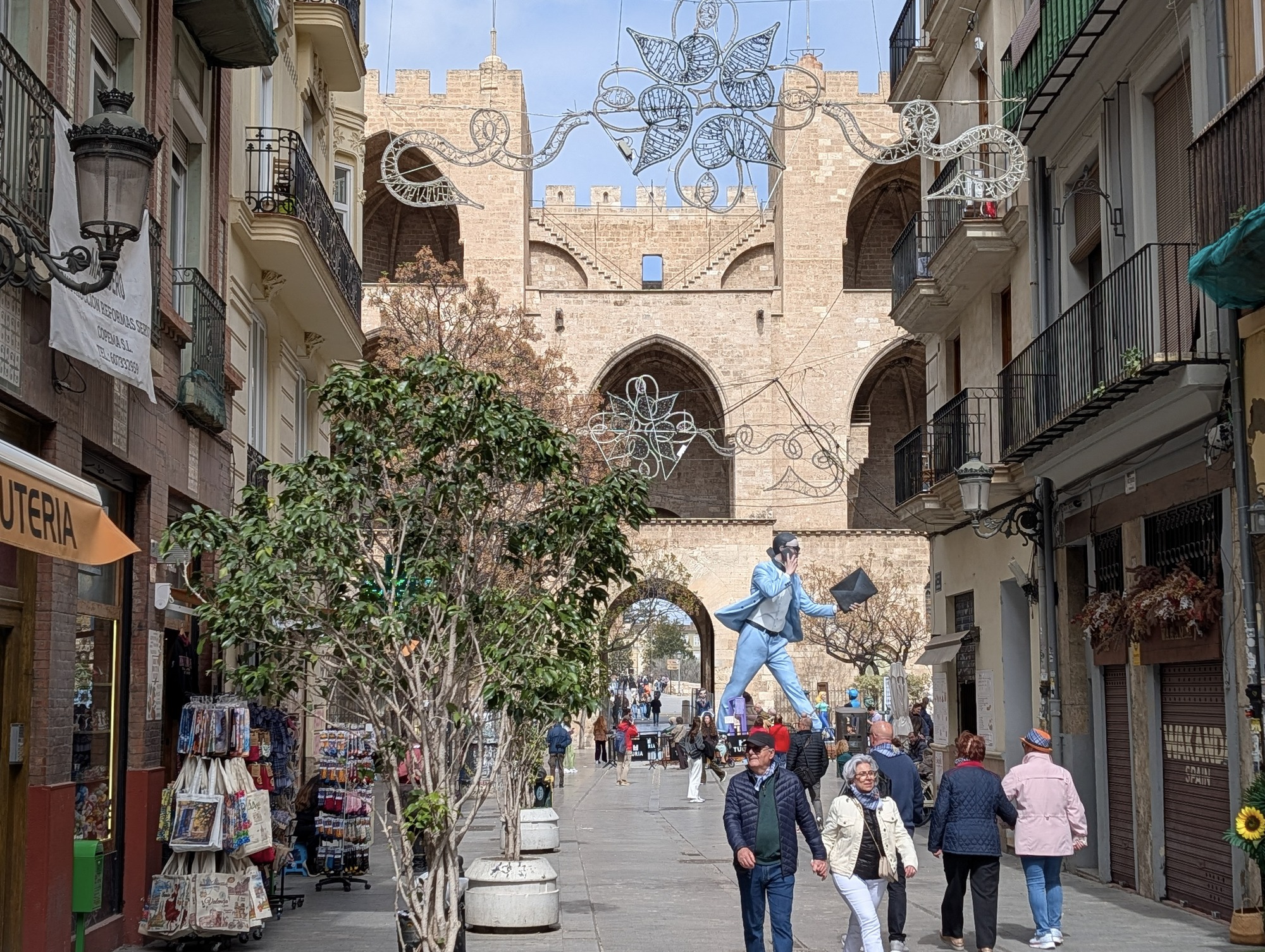 View along Calle Serranos to the Serranos Towers (Torres de Serranos), Valencia